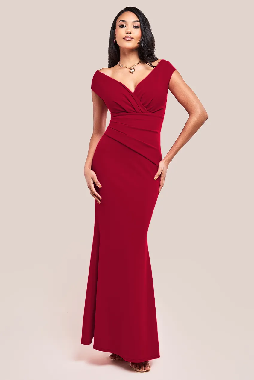 Bardot Pleated Maxi Dress - Wine by Goddiva sold by Goddiva