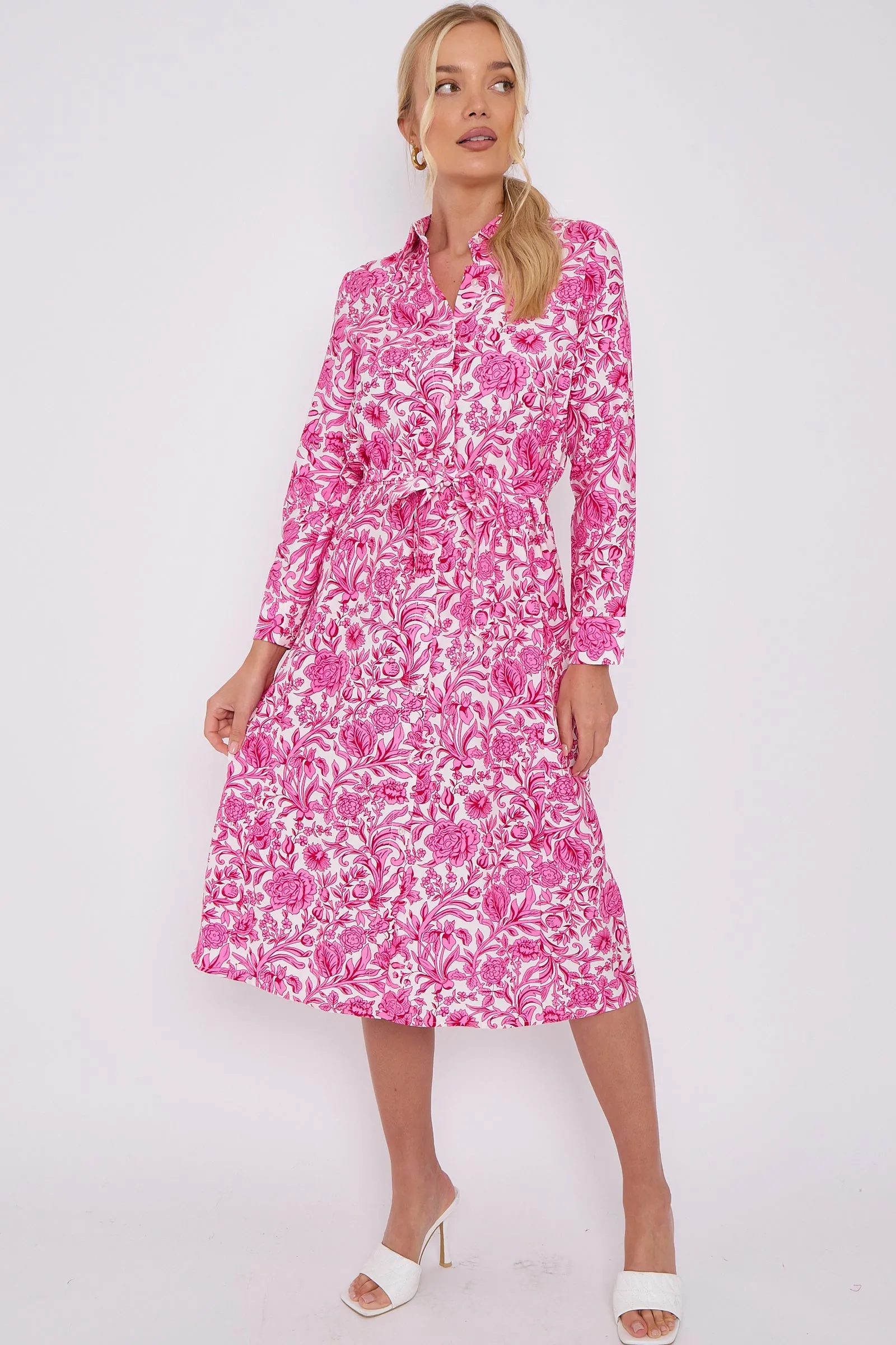LOVE SUNSHINE Pink Rose Floral Print Long Sleeve Midi Shirt Dress sold by Goddiva