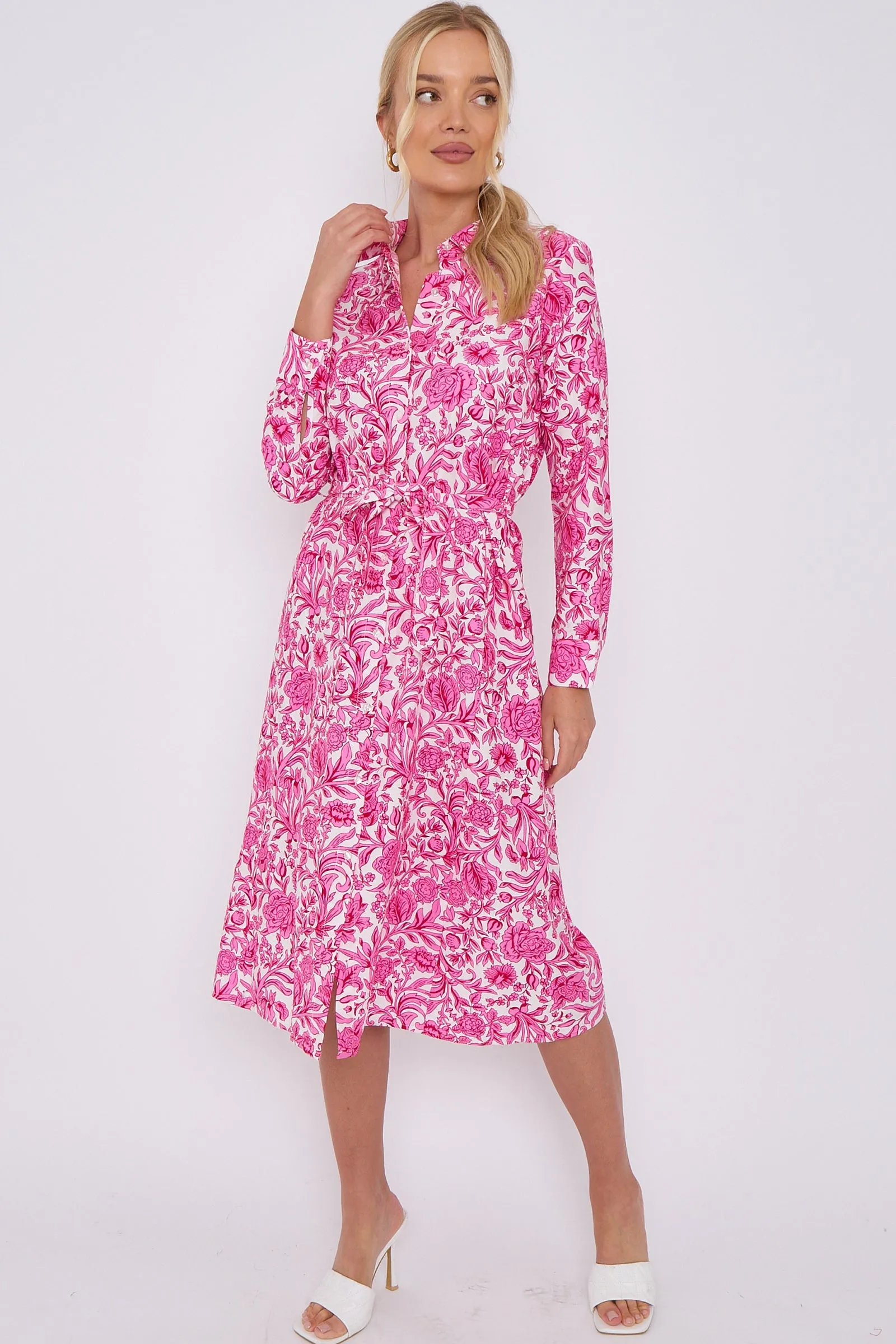 LOVE SUNSHINE Pink Rose Floral Print Long Sleeve Midi Shirt Dress sold by Goddiva product image thumbnail 5