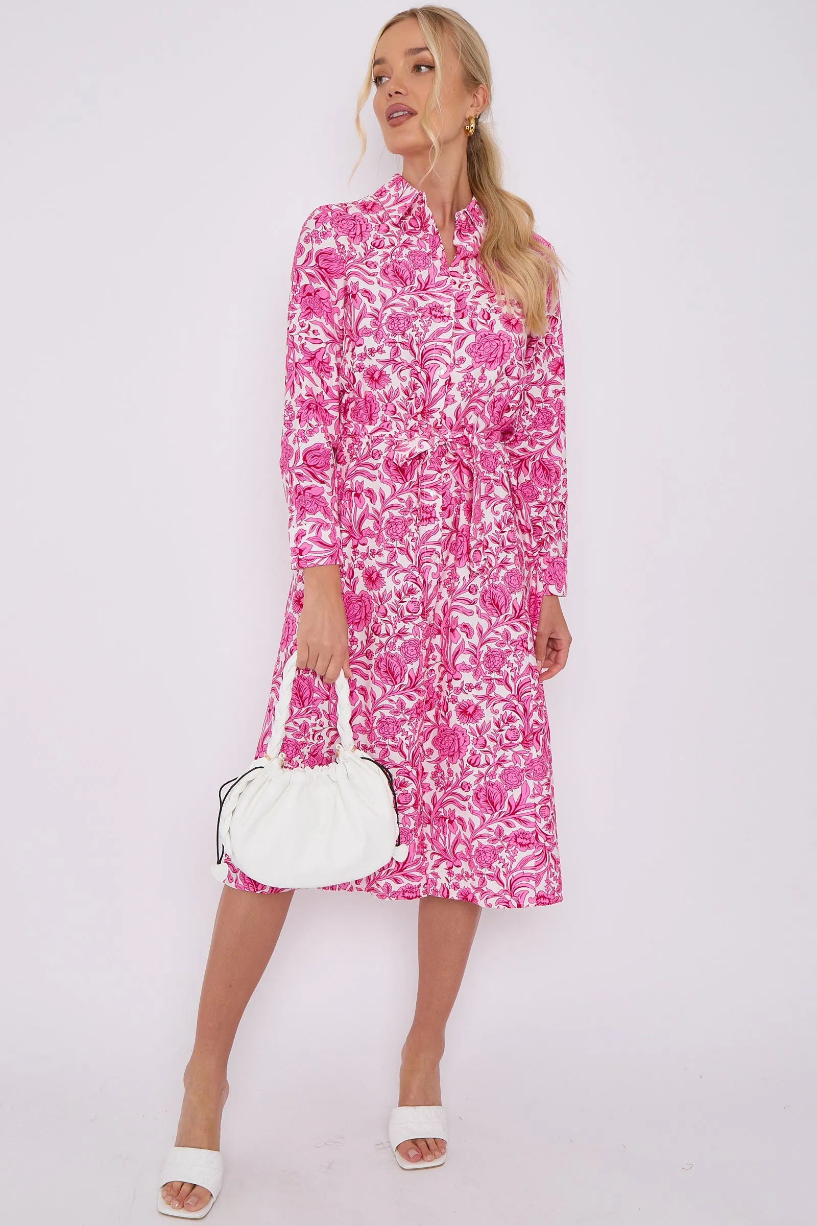 LOVE SUNSHINE Pink Rose Floral Print Long Sleeve Midi Shirt Dress sold by Goddiva product image thumbnail 2