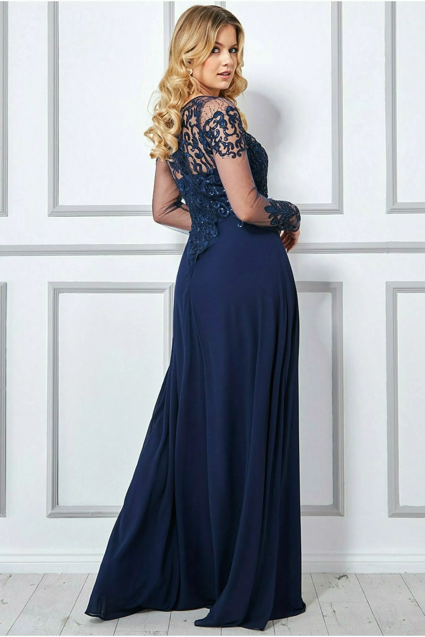 Goddiva Mesh & Lace Embroidered Bodice Maxi - Navy sold by Goddiva product image thumbnail 2