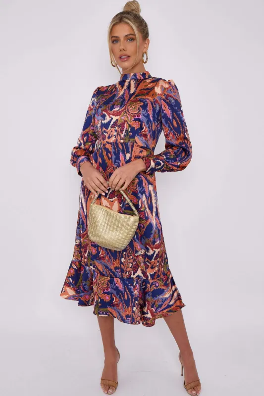 LOVE SUNSHINE Blue Rust Abstract Print Satin Frilled Hem Midi Dress sold by Goddiva