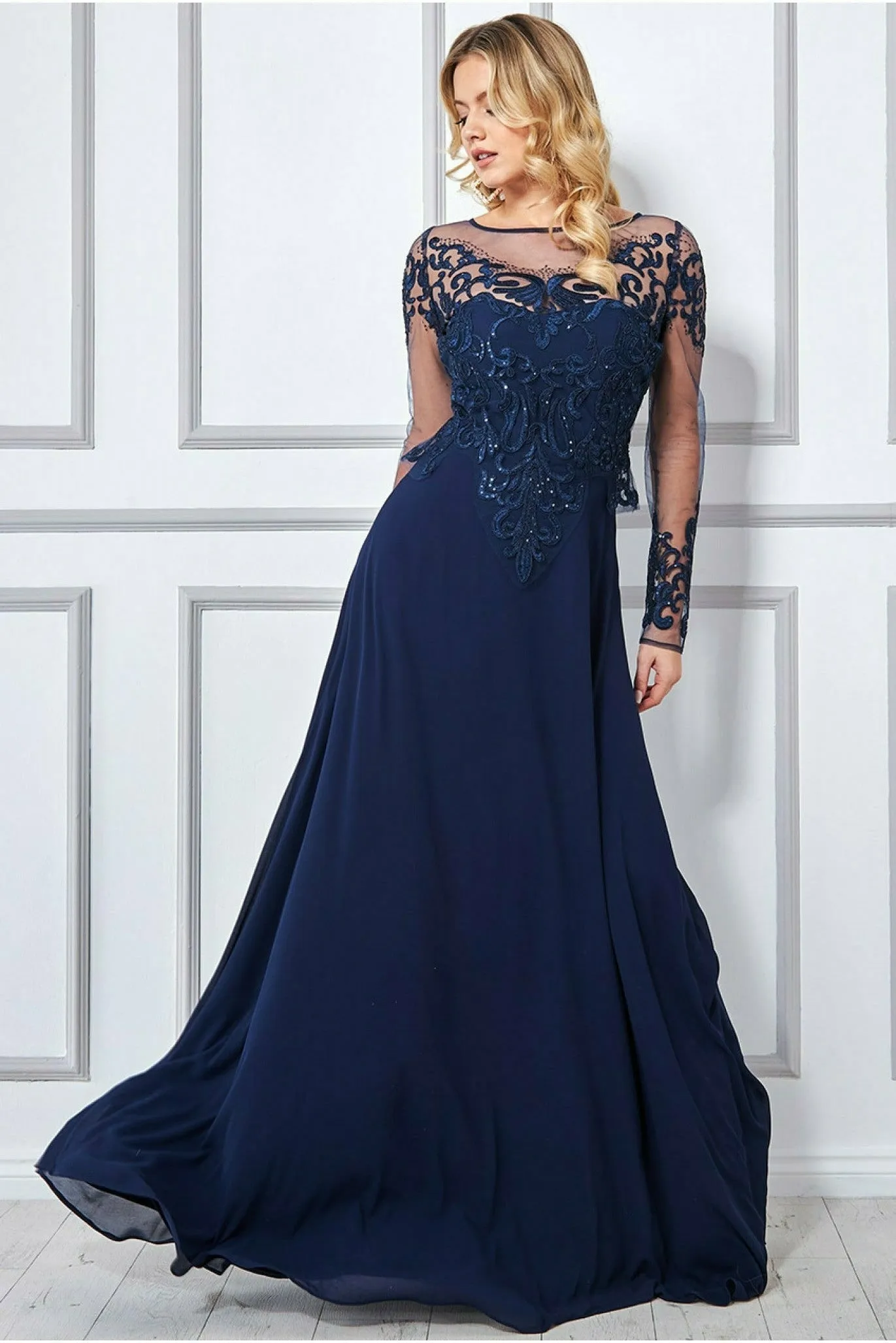 Goddiva Mesh & Lace Embroidered Bodice Maxi - Navy sold by Goddiva