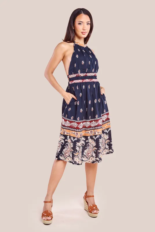 Halter Neck Printed Midi Dress - Black by City Goddess sold by Goddiva