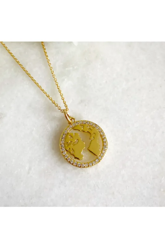 Wisteria London Gold World Map CZ Necklace sold by Goddiva