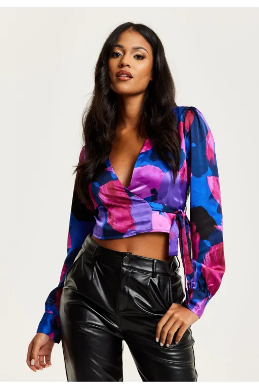 Abstract Print Wrap Top In Blue And Purple by Liquorish sold by Goddiva