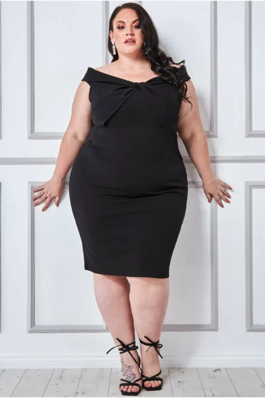 Goddiva Plus Front Twist  Bardot Midi Dress - Black sold by Goddiva
