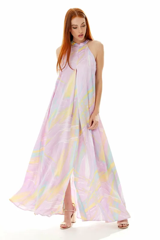 Abstract Print Maxi Dress With A High Neck Lilac by Liquorish sold by Goddiva