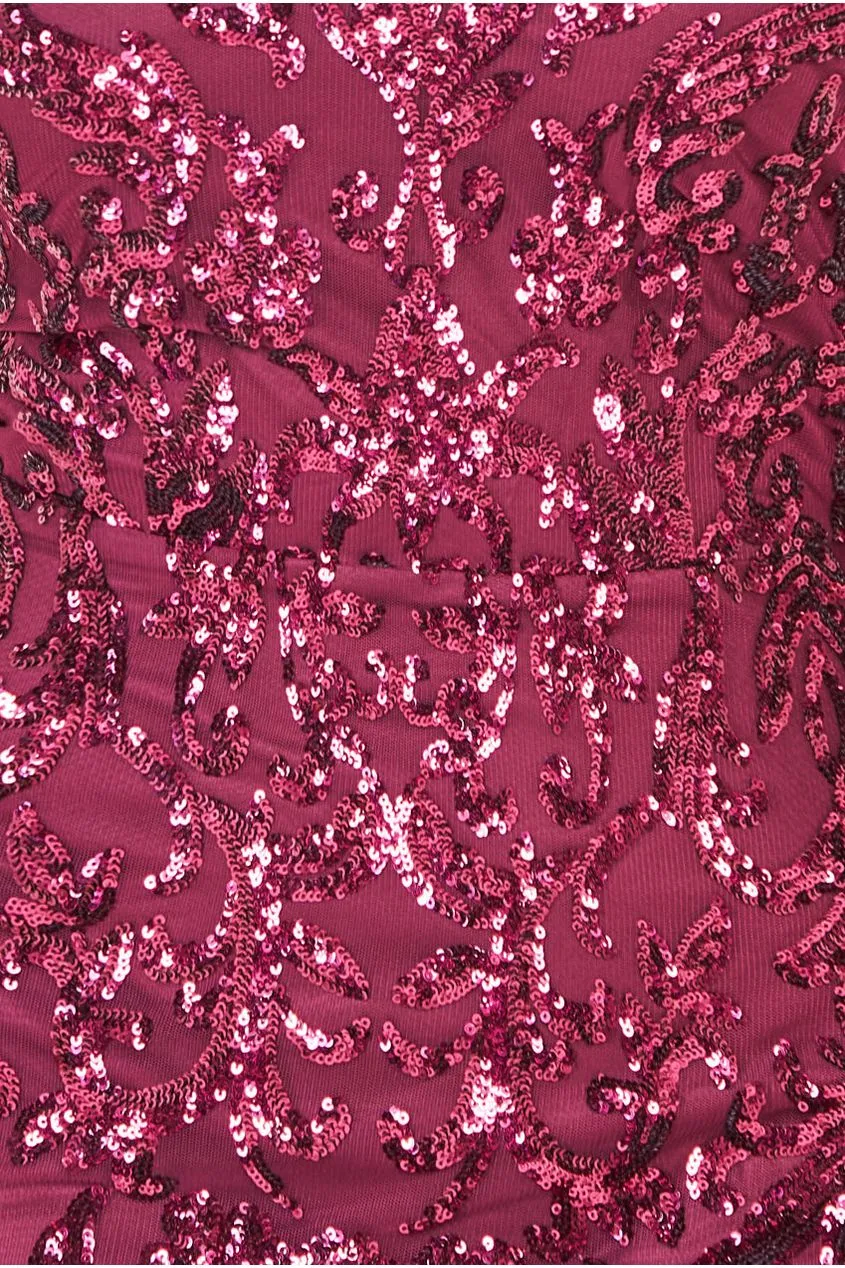 Sequin Mesh One Shoulder Evening Maxi - Burgundy by Goddiva sold by Goddiva product image thumbnail 4