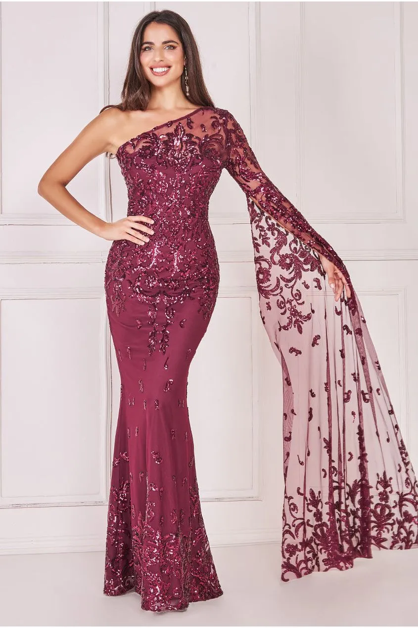 Sequin Mesh One Shoulder Evening Maxi - Burgundy by Goddiva sold by Goddiva