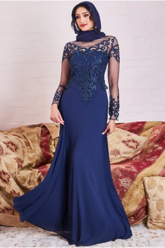 Goddiva Modesty Mesh & Lace Maxi Dress - Navy sold by Goddiva