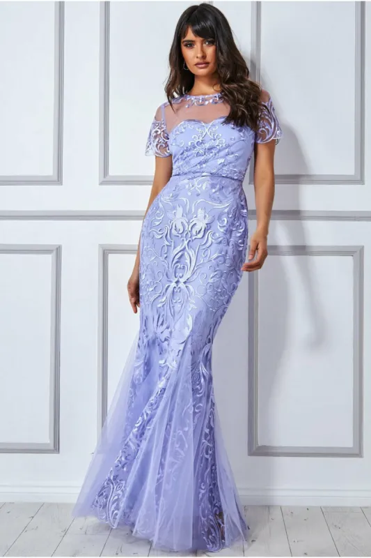 Goddiva Mesh & Lace Maxi With Scalloped Hem - Lilac sold by Goddiva