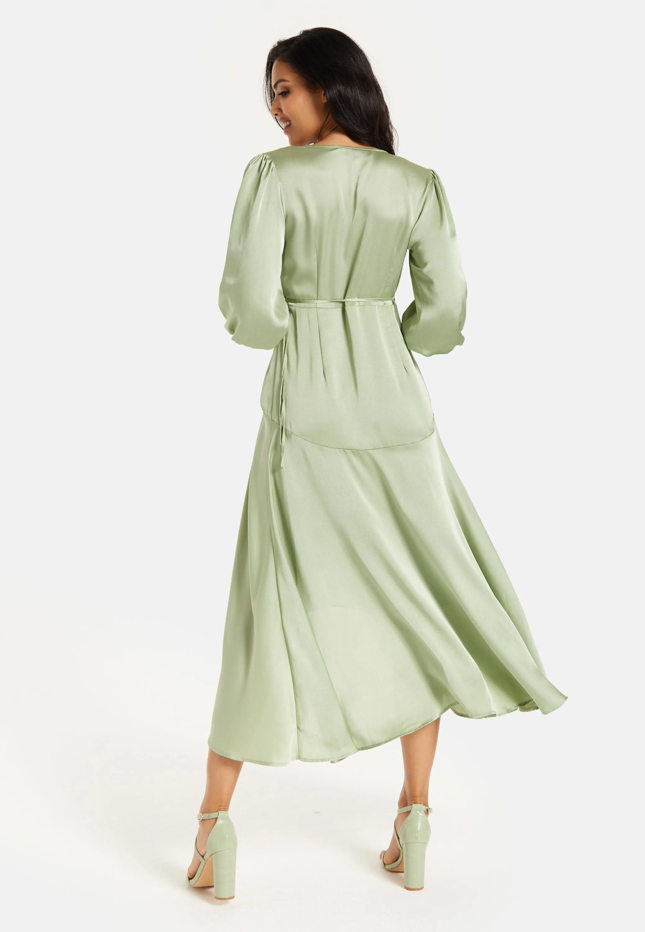 Sage Green Midi Wrap Dress With Short Puff Sleeves by Liquorish sold by Goddiva product image thumbnail 5