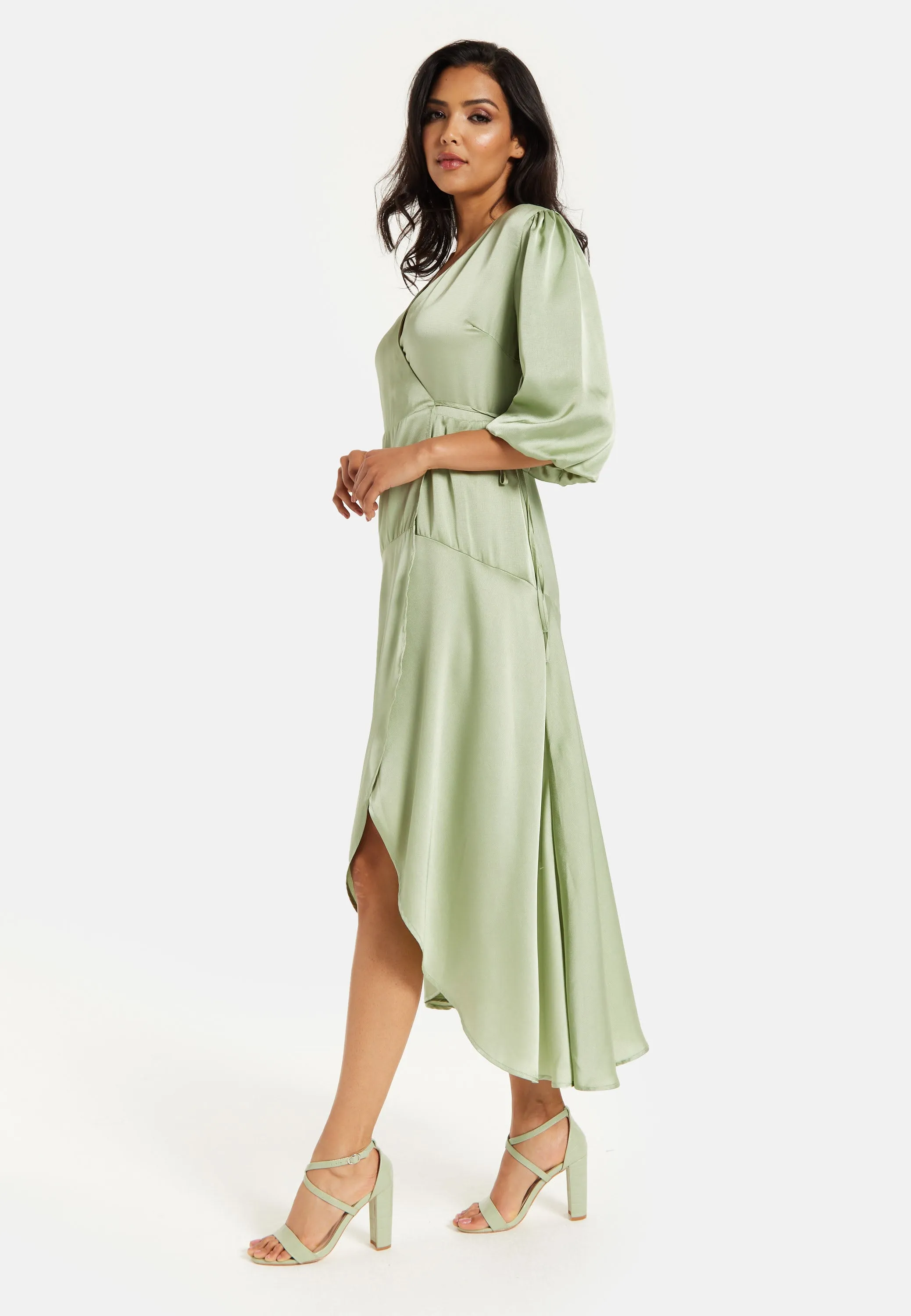 Sage Green Midi Wrap Dress With Short Puff Sleeves by Liquorish sold by Goddiva product image thumbnail 3
