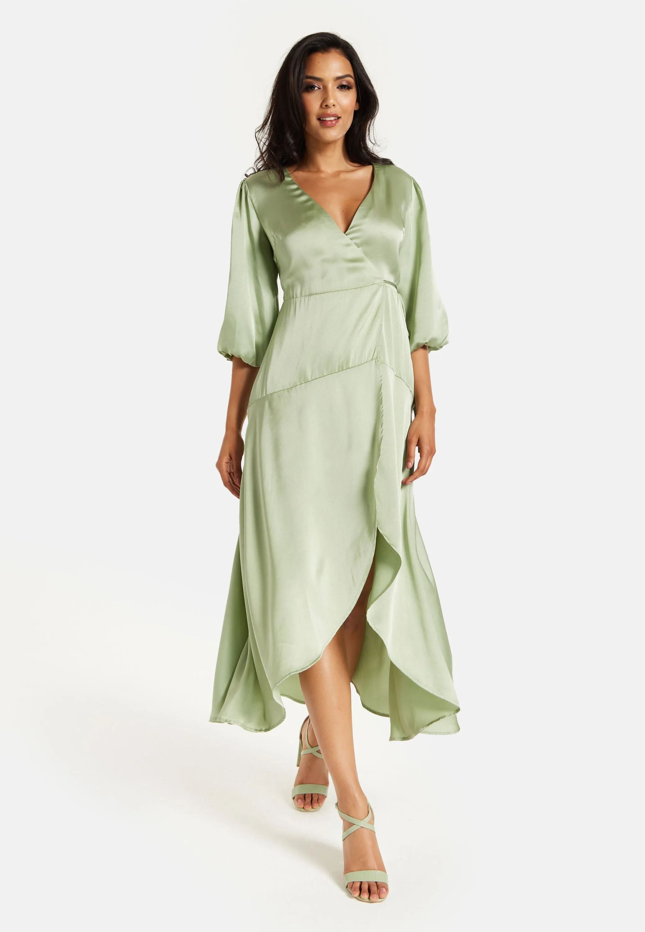 Sage Green Midi Wrap Dress With Short Puff Sleeves by Liquorish sold by Goddiva