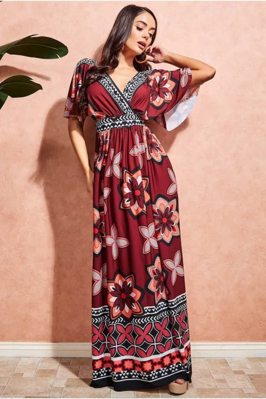 Printed Flutter Sleeve Maxi Dress - Brown by Goddiva sold by Goddiva