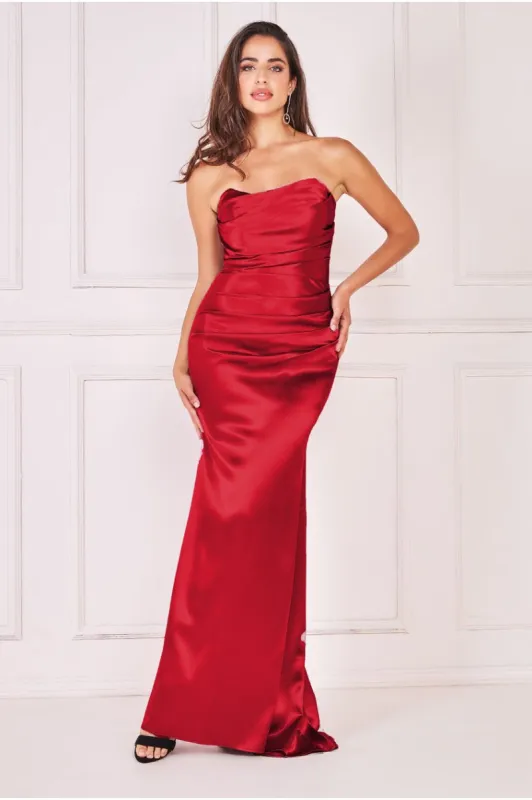 Satin Bandeau Maxi Dress - Red by Goddiva sold by Goddiva