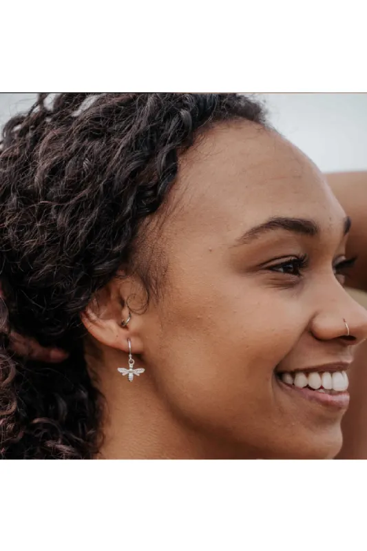 Wisteria London Sterling Silver Bee Huggie Hoop Earrings sold by Goddiva