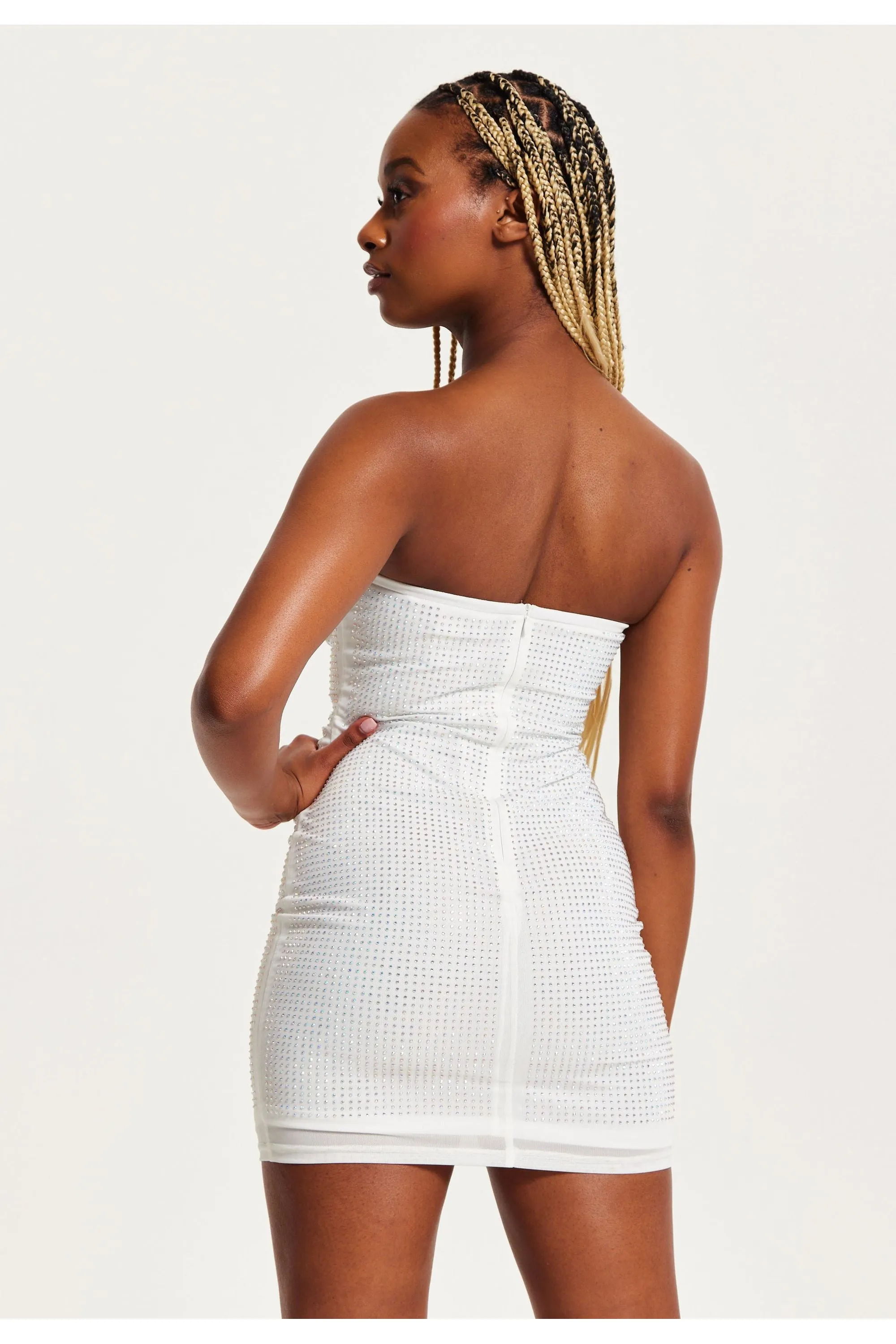 Diamond Mesh Bandeau Mini Dress In White by Liquorish sold by Goddiva product image thumbnail 5