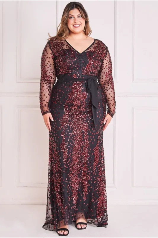 Spread On Sequin Maxi Dress - Wine by Goddiva Plus sold by Goddiva