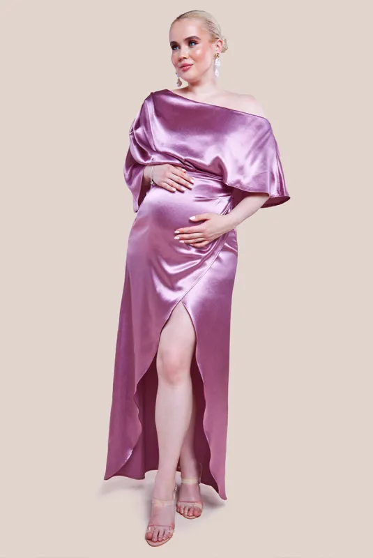 Maternity Satin Drape Shoulder Wrap Maxi Dress - Blush by Goddiva sold by Goddiva