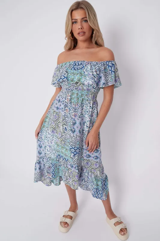 LOVE SUNSHINE Blue Floral Patch Print Bardot Midi Dress sold by Goddiva