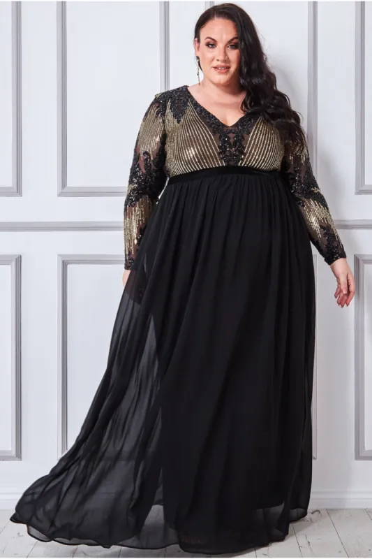 Sequin Mesh Bodice Maxi Dress - Black by Goddiva Plus sold by Goddiva