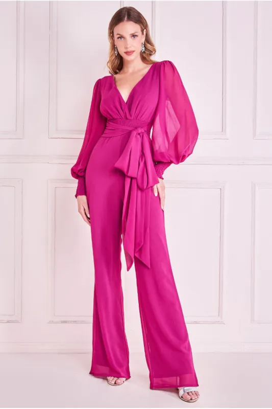Chiffon Puffy Sleeve Jumpsuit - Magenta by Goddiva sold by Goddiva