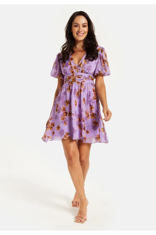 Purple Floral V Neck Mini Dress by Liquorish sold by Goddiva