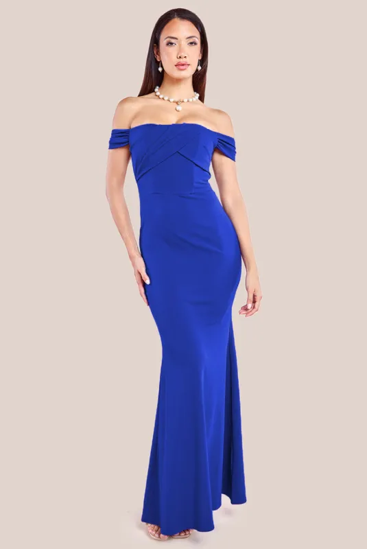 Pleated Bardot Scuba Maxi Dress - Royal Blue by Goddiva sold by Goddiva