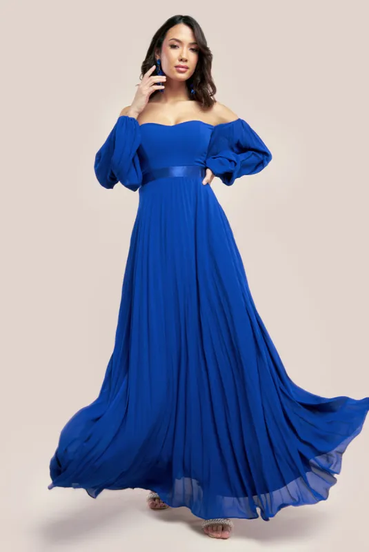 Goddiva Bardot Chiffon Pleated Maxi - Royal Blue sold by Goddiva