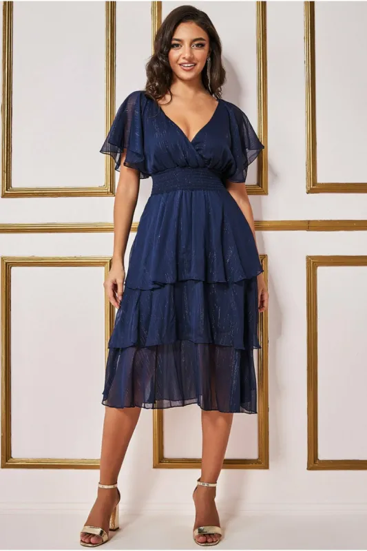 Chiffon Layered Flutter Sleeve Midi Dress - Navy by Goddiva sold by Goddiva