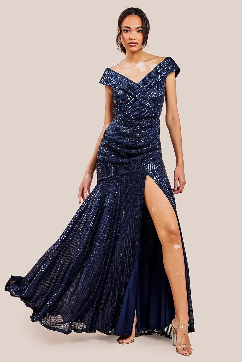 Bardot Sequin Pleated Maxi Dress - Navy by Goddiva sold by Goddiva