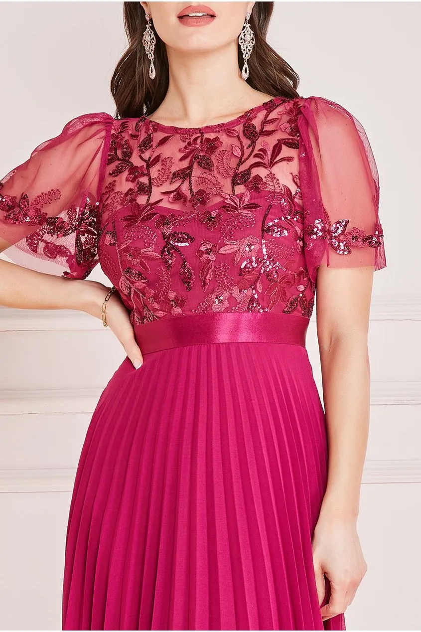 Embroidered Top Chiffon Pleated Midi - Magenta by Goddiva sold by Goddiva product image thumbnail 3