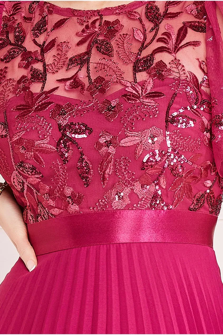 Embroidered Top Chiffon Pleated Midi - Magenta by Goddiva sold by Goddiva product image thumbnail 4