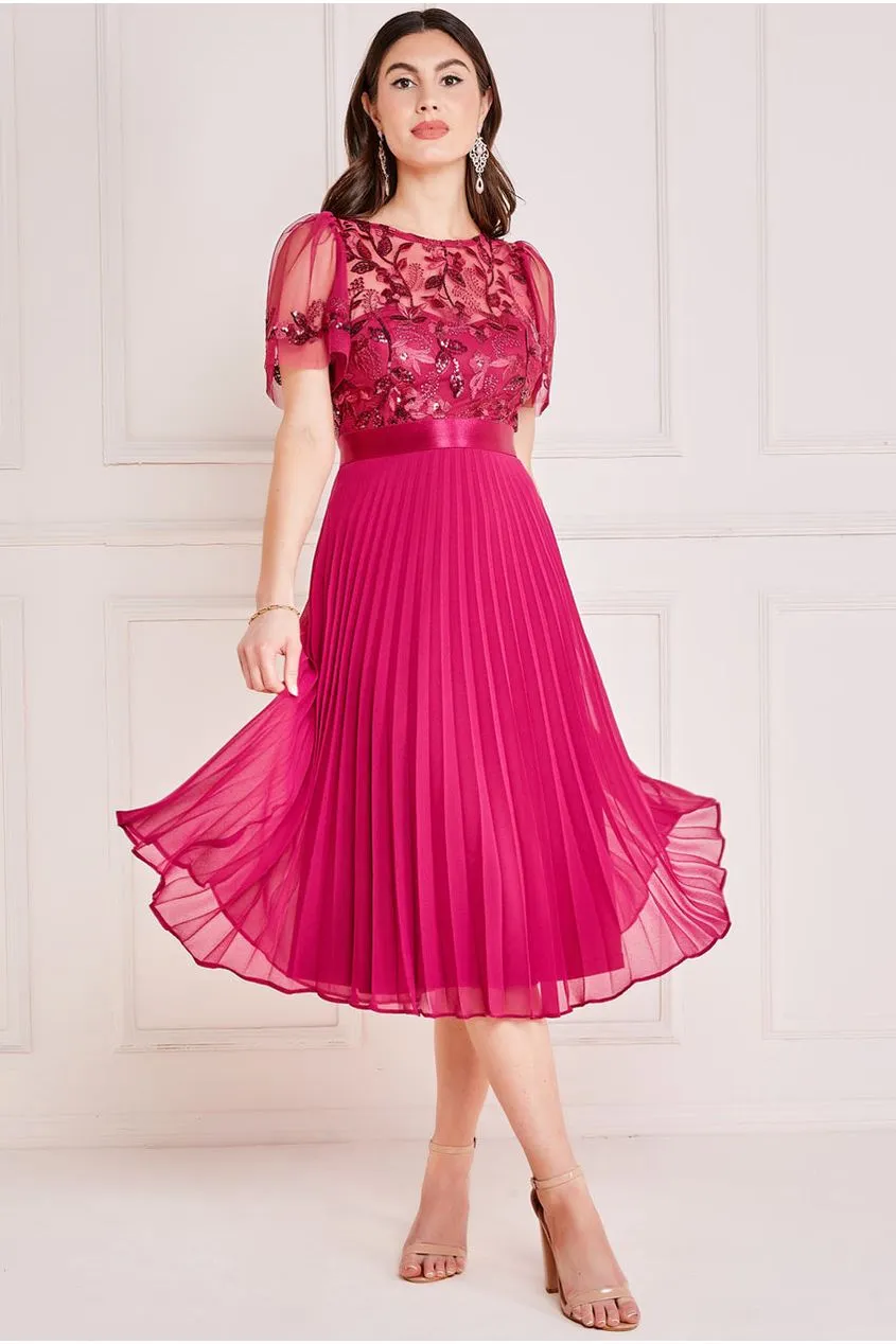 Embroidered Top Chiffon Pleated Midi - Magenta by Goddiva sold by Goddiva
