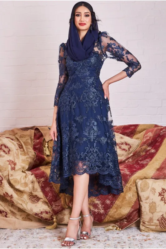 Modesty Lace Dipped Hem Midi Dress - Navy by Goddiva sold by Goddiva