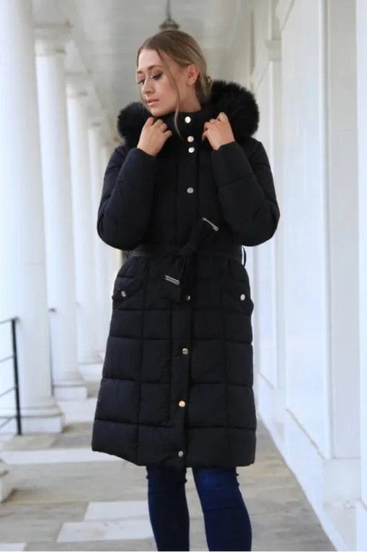 Double Second Black Glam Belted Long Puffer Coat sold by Goddiva