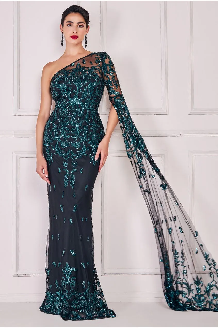 Sequin Mesh One Shoulder Evening Maxi Dress - Emerald Green by Goddiva sold by Goddiva