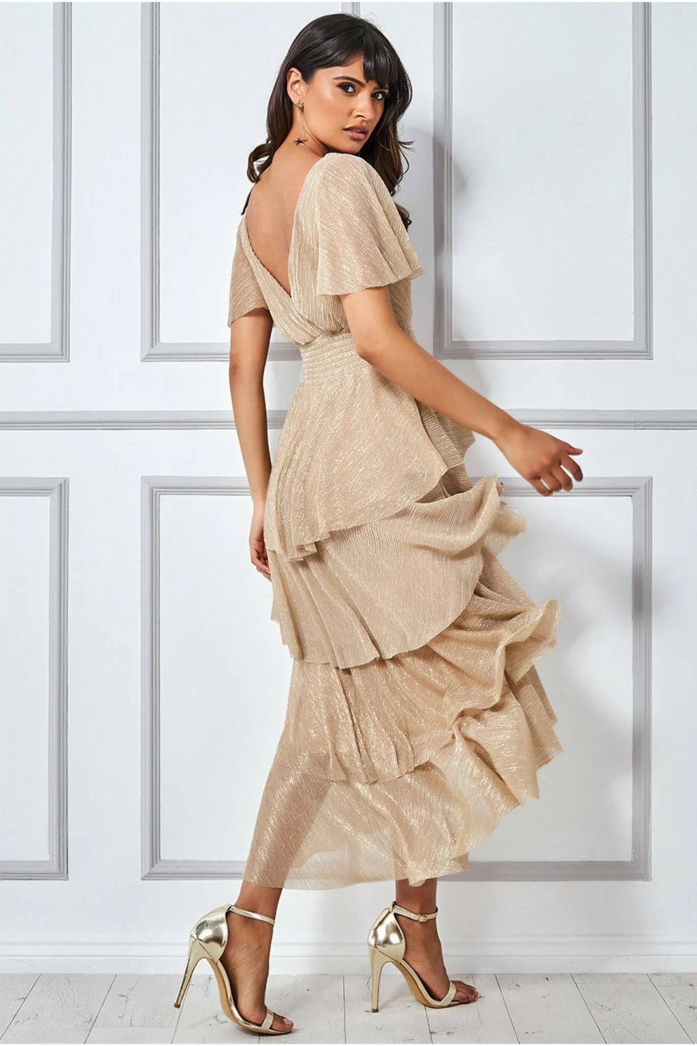 Goddiva Crinkle Lurex High Low Layered Midi Dress - Gold sold by Goddiva product image thumbnail 2