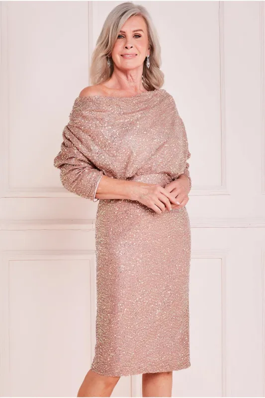 Velvet & Sequin Cowl Midi Dress - Nude by Goddiva sold by Goddiva