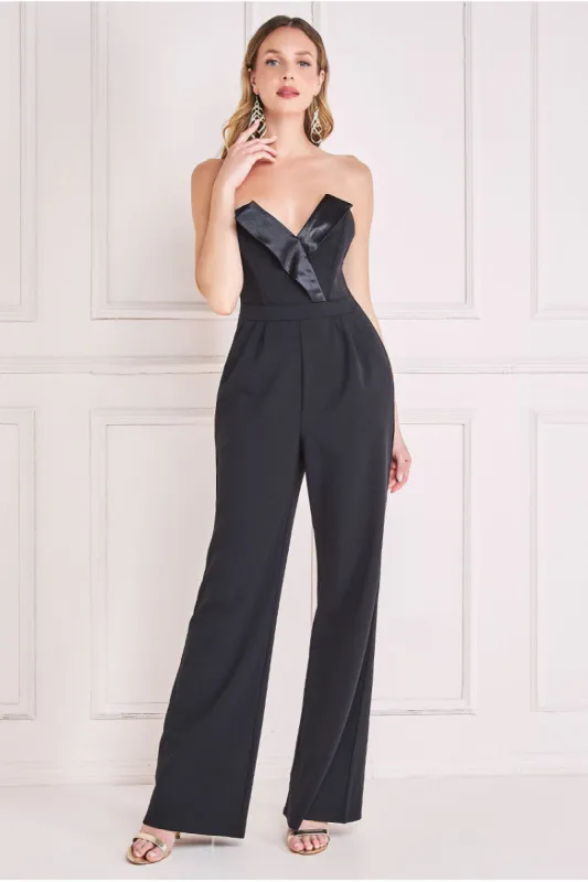 Goddiva Satin Collar Scuba Jumpsuit - Black sold by Goddiva