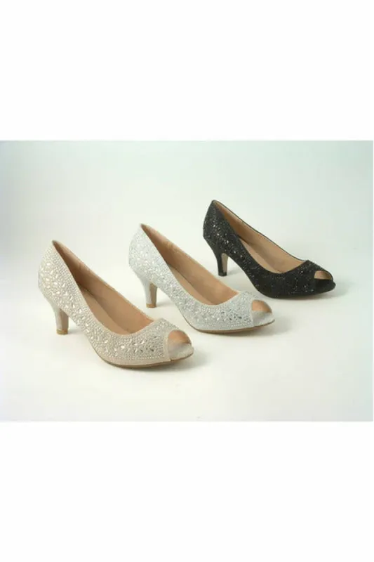 Glitz Shoes Margo Glitter Diamante Mid Heel Peep Toe Shoe sold by Goddiva