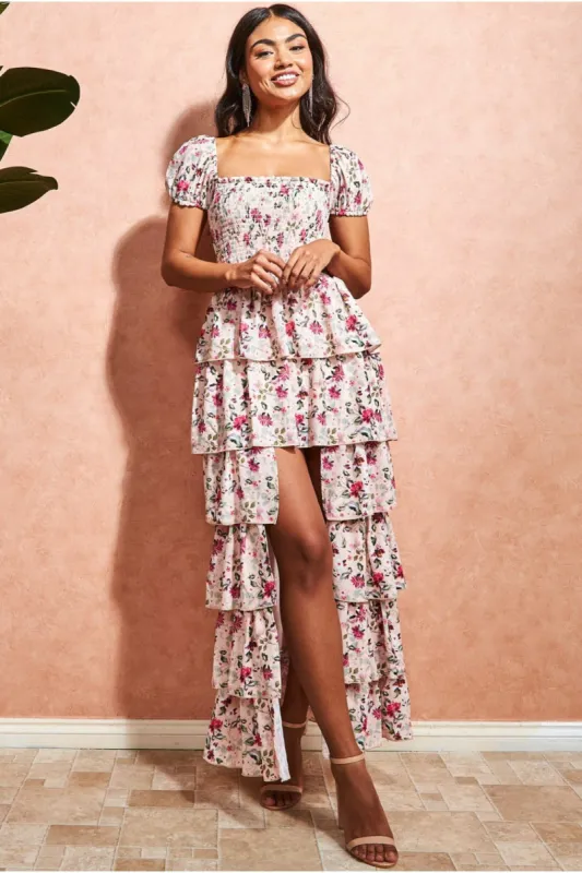 Layered Dipped Hem Floral Maxi - Beige by Goddiva sold by Goddiva