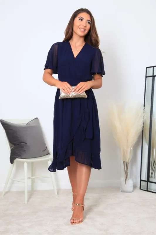 Navy Chiffon Wrap Dress With Tea Sleeve by Double Second sold by Goddiva