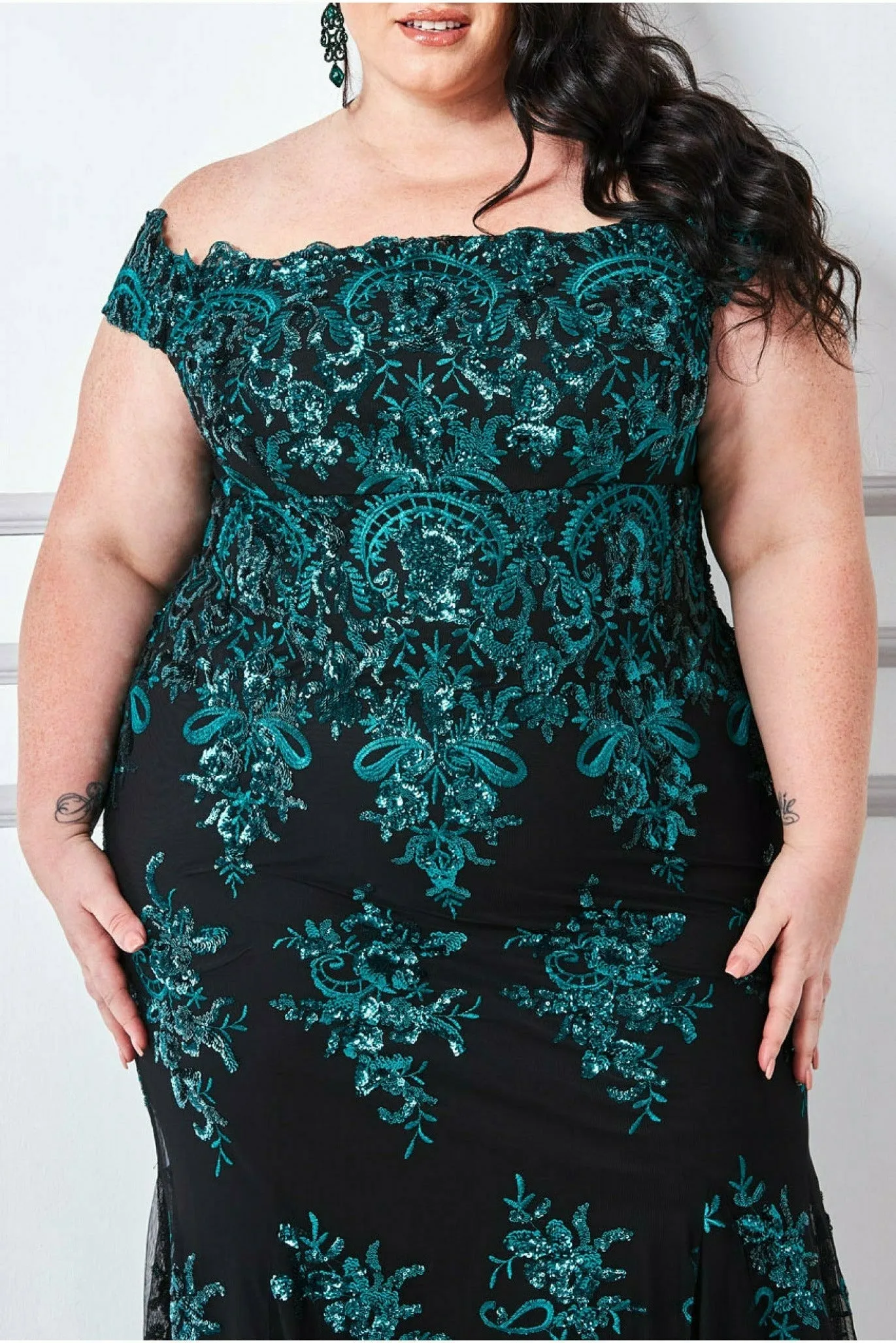 Goddiva Plus Bardot Sequin Embroidered Maxi - Emerald sold by Goddiva product image thumbnail 3