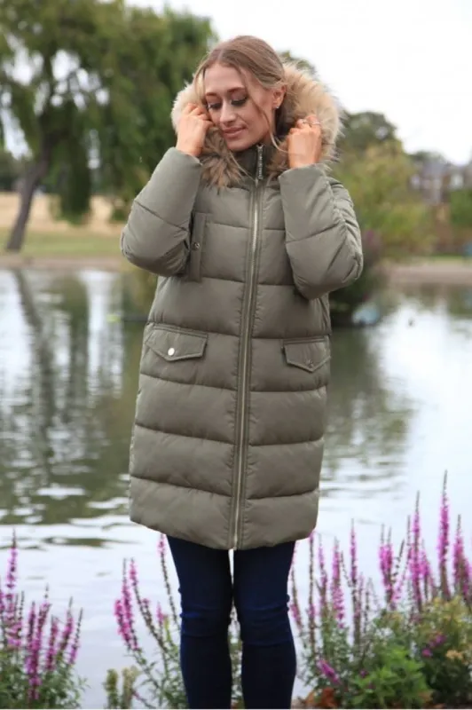 Khaki Oversized Long Duvet Coat by Double Second sold by Goddiva