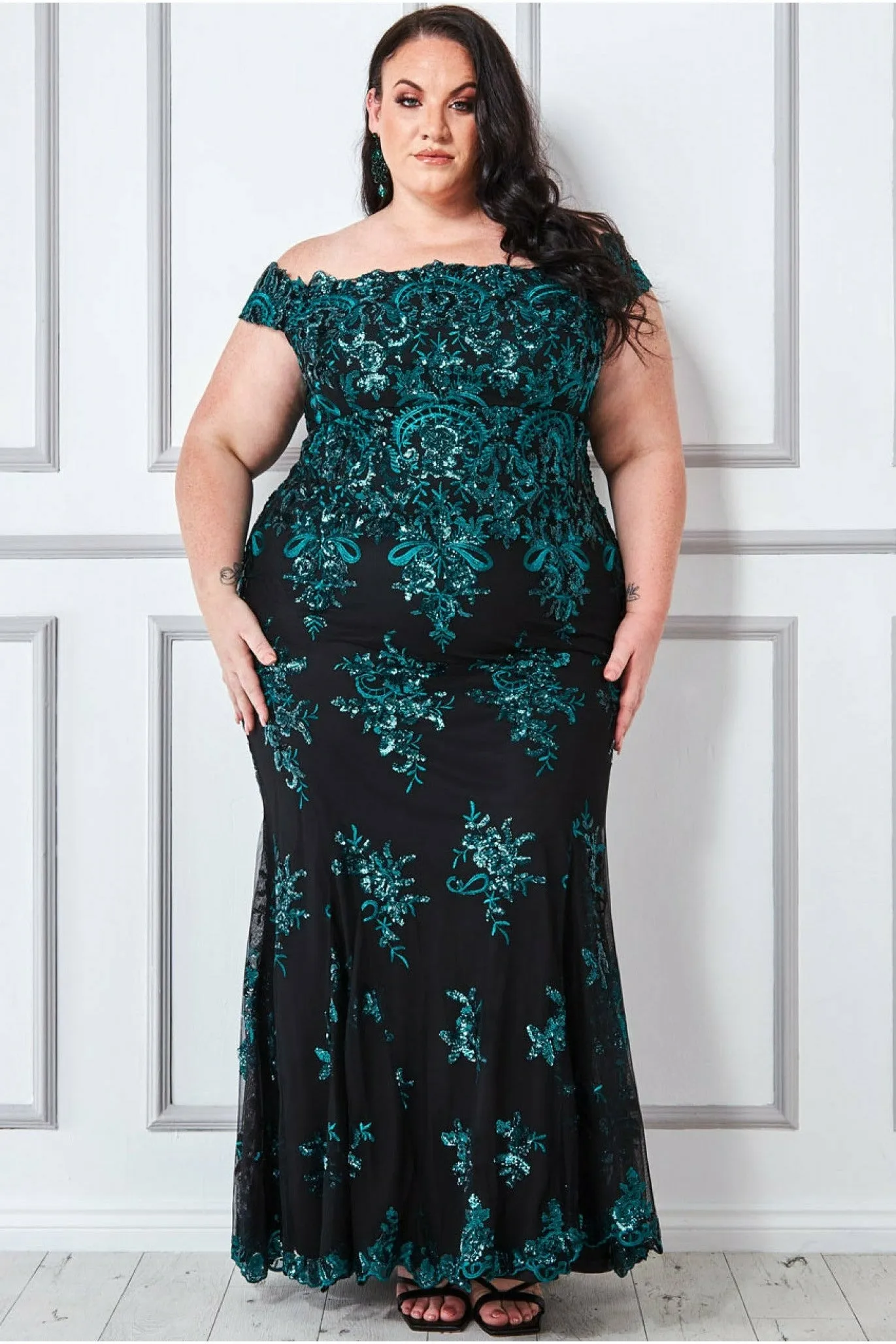 Goddiva Plus Bardot Sequin Embroidered Maxi - Emerald sold by Goddiva