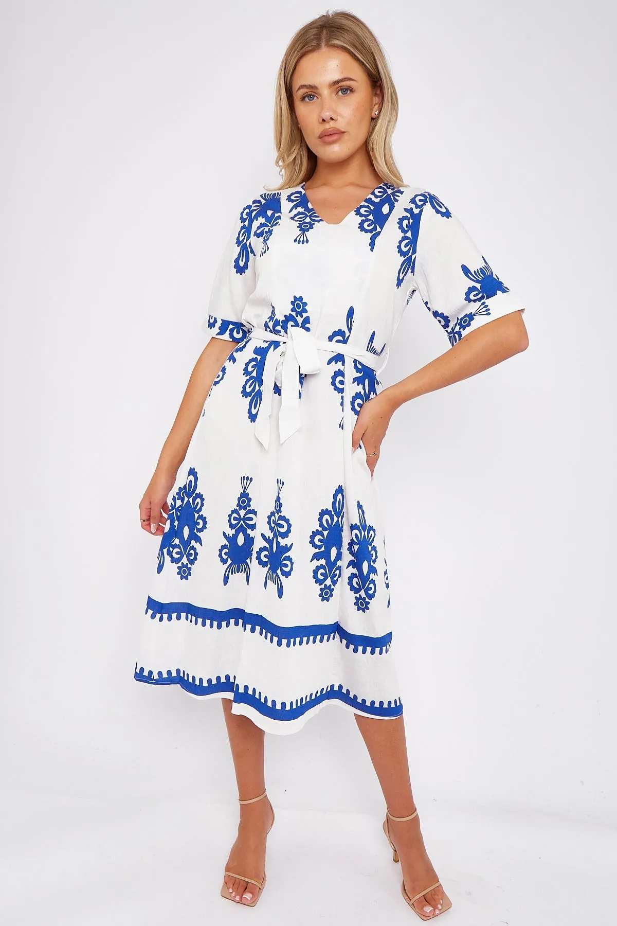 LOVE SUNSHINE White Pattern Print Short Sleeve Midi Dress sold by Goddiva product image thumbnail 4
