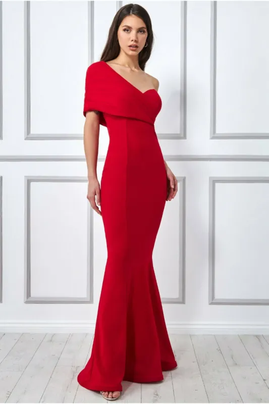 One Shoulder Fan Maxi Dress - Red by Goddiva sold by Goddiva